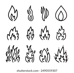 Set of Cartoon line art doodle of Fire, Hand Drawn.