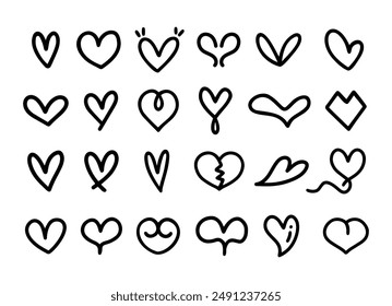 Set of Cartoon line art doodle of Heart, Hand Drawn.
