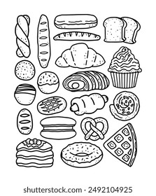 Set of Cartoon line art doodle of Bread and Bakery product, Hand Drawn.