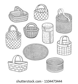 Set of cartoon line art vector hand drawn abstract baskets