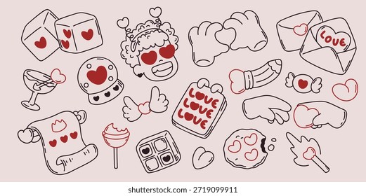 Un conjunto de ilustraciones lineales de dibujos animados para el día de San Valentín.