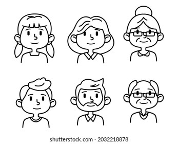 Set of cartoon linear people avatars. Avatars of men and women in different ages. Girl, woman and grandmother, boy, man and grandfather avatars