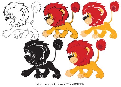 Set of Cartoon lion in profile isolated on white background. Vector illustration.