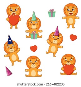 Set of cartoon lions. Celebration, birthday. Lion with heart. Vector illustration