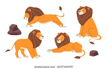 Set of cartoon lions in flat style on a white background