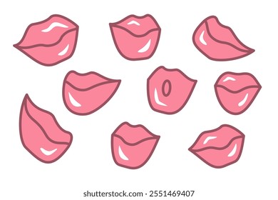 Set of cartoon lips icon  isolated on white bsckground. Lips Woman. Man or woman shape of mouth. Vector illustration for fashion industry, cosmetology, Valentine design