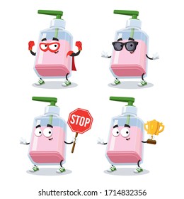 conjunto de dibujos animados de carácter de botella de jabón líquido mascota sobre fondo blanco