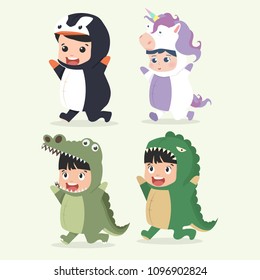 Set of cartoon little kid characters in Animals costumes