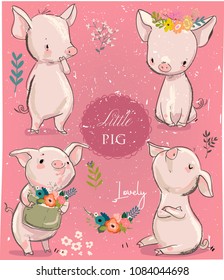 set with cartoon little pigs