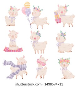 Set of cartoon llamas. Vector illustration on white background. Set of cartoon llamas. Vector illustration on white background.