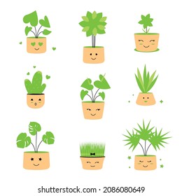 The set of cartoon logo is good for flowers shop, plant house market. The green emblems, emoji badges in green color is good for logotype design, stickers, etc. Vector illustration