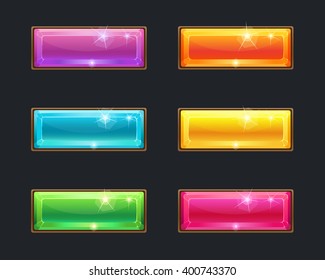 Set of cartoon long crystal horizontal buttons, vector gui assets collection for game design. isolated vector elements. Gui elements, vector isolated games assets.menu set for mobile games..