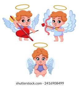 Set cartoon lovely angels characters. Love cupid. Cute cupid  shoots from a bow. Cupid plays a  heart-shaped cello . A cute Cupid sits