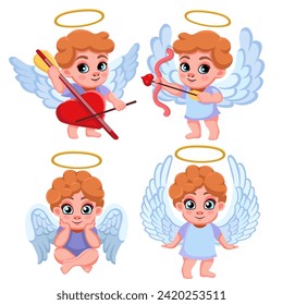 Set cartoon lovely angels characters. Love cupid. Cute cupid  shoots from a bow. Cupid plays a  heart-shaped cello . A cute Cupid sits