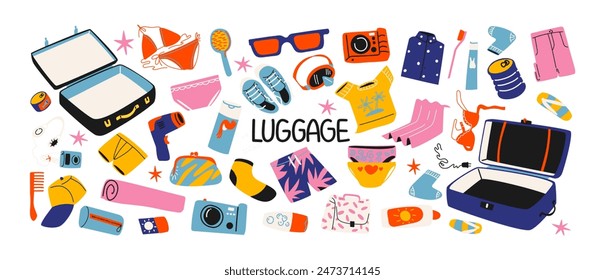 Set cartoon luggage stickers, travel bags, suitcases with clothes for travel. Packing for vacation, beach. Various clothes, accessories, vacation concept. Vector doodle groovy drawing in retro style