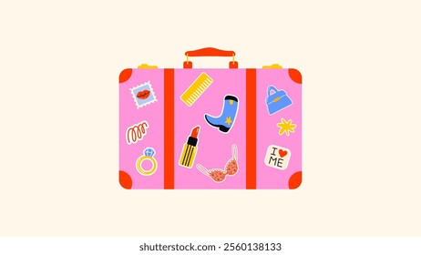 Set cartoon luggage stickers, travel bag, suitcase with stickers for travel. Packing for vacation, beach. Various labels, i love me, vacation concept. Vector doodle groovy drawing in retro style