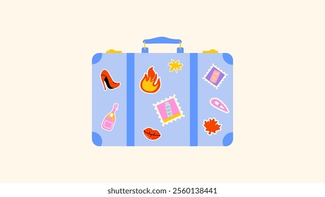 Set cartoon luggage stickers, travel bag, suitcase with stickers for travel. Packing for vacation, beach. Various labels, i love me, vacation concept. Vector doodle groovy drawing in retro style