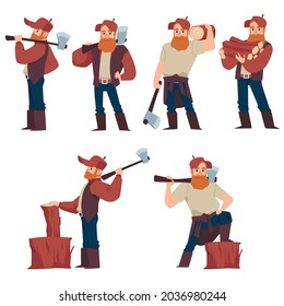 Set of cartoon lumberjack male characters holding an axes and wood logs. Loggers or woodcutters collection, flat vector illustration isolated on white background.