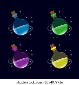 Set of cartoon magic colors bottles. Vector game elements.