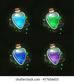 Set of cartoon magic colors bottles. Vector game elements.