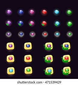 Set of cartoon magic game elements. Colors gems and yellow buttons. Vector game ui. 