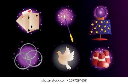Set of cartoon magic objects for doing miracles and surprises vector illustration