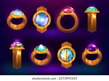 Conjunto de anillos mágicos de dibujos animados con piedras preciosas y cristales brillantes. Accesorios de activos de juego Ui con gemas o diamantes. Productos de cuento de hadas desde diferentes ángulos. Antiguos elementos de diseño gui.