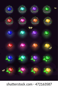Set of cartoon magic  stone buttons with colors middle. Set cartoon elements for game. Bright game object.Gui.