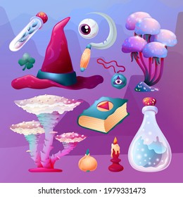 Set of Cartoon Magic Witchcraft accessories with mushrooms vectors. Alchemy Collection with Witch Hat, Glass Poison Bottle, Sickle, Wizard Book, Candle, Eye and Test Tube. For Cartoon Game Design gui