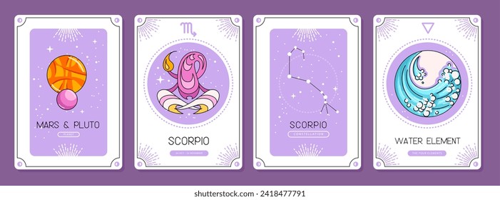 Set of cartoon magic witchcraft cards with astrology Scorpio zodiac sign characteristic. Vector illustration