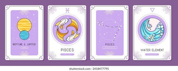 Set von Cartoon magischen Hexenkarten mit Astrologie Pisces zodiac Zeichen charakteristisch. Vektorgrafik