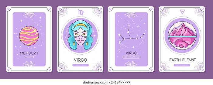 Set of cartoon magic witchcraft cards with astrology Virgo zodiac sign characteristic. Vector illustration