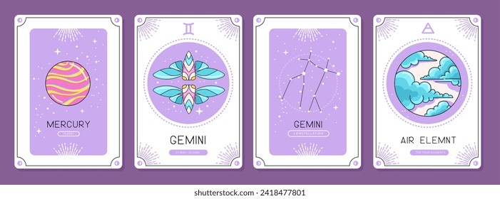 Set of cartoon magic witchcraft cards with astrology Gemini zodiac sign characteristic. Vector illustration