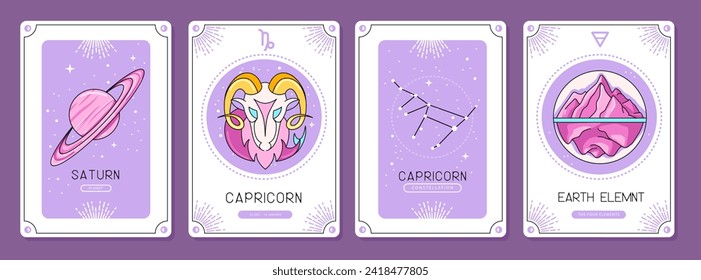 Set of cartoon magic witchcraft cards with astrology Capricorn zodiac sign characteristic. Vector illustration