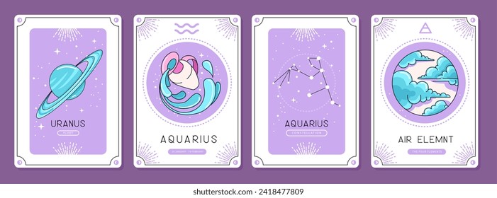 Set of cartoon magic witchcraft cards with astrology Aquarius zodiac sign characteristic. Vector illustration