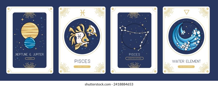 Set of cartoon magic witchcraft cards with astrology Pisces zodiac sign characteristic. Vector illustration