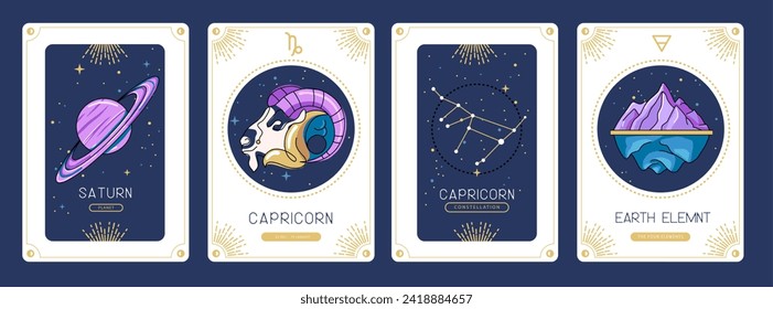 Set of cartoon magic witchcraft cards with astrology Capricorn zodiac sign characteristic. Vector illustration