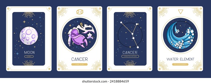 Set of cartoon magic witchcraft cards with astrology Cancer zodiac sign characteristic. Vector illustration