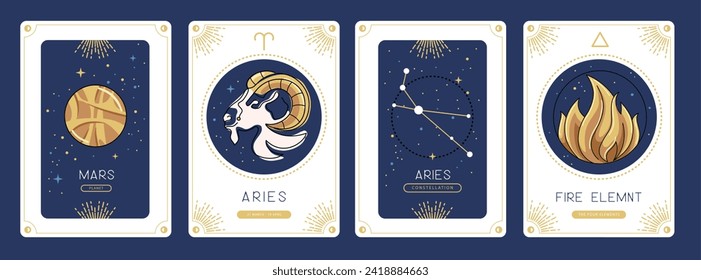 Set of cartoon magic witchcraft cards with astrology Aries zodiac sign characteristic. Vector illustration