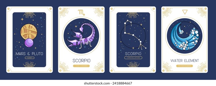 Set of cartoon magic witchcraft cards with astrology Scorpio zodiac sign characteristic. Vector illustration