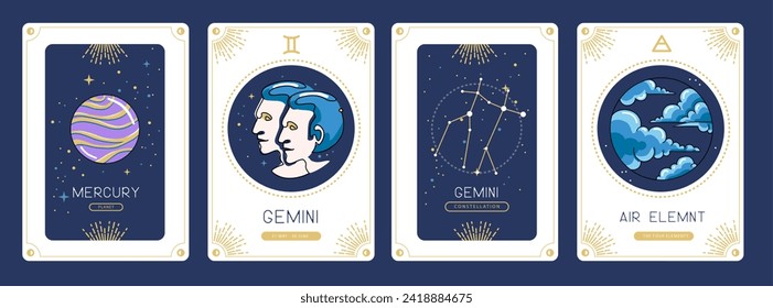 Set of cartoon magic witchcraft cards with astrology Gemini zodiac sign characteristic. Vector illustration