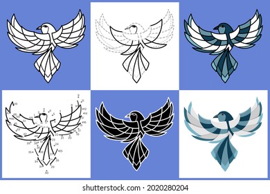Set of cartoon MAGPIE in 6 styles, Vector illustration