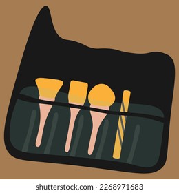 A Set of cartoon Make Up Brushes in a Case Isolated on biege background. Vector illustration