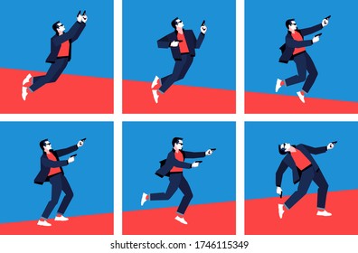 Set Of Cartoon Male Characters. Secret Agent, Spy, Policeman, Detective, Security Guard With Two Guns In His Hands. Vector Illustration