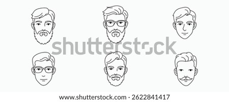 Set of cartoon male faces with different hairstyles, beards, and glasses in black outline style. Ideal for avatars, icons, or character design use.