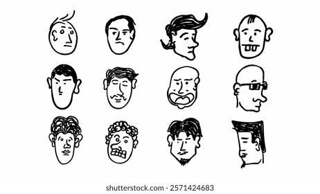 Set of Cartoon male faces doodle icon Black and white hand drawn comic caricature. Vector illustration