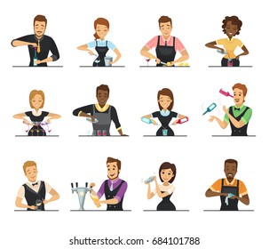 Set Of Cartoon Male And Female Bartender Characters Mixing Beverage On White Background Flat Isolated Vector Illustration   