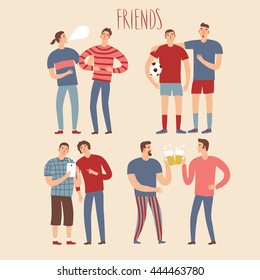 Set of cartoon male friends in various lifestyles.   Characters illustrations for your design.