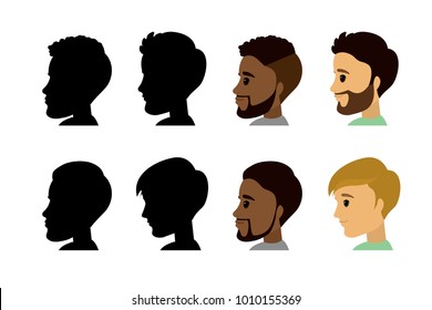 Set of cartoon male head in profile and silhouette,african american and caucasian guys,isolated on white background,flat vector illustration