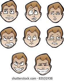 Set of cartoon male's faces with emotional expressions